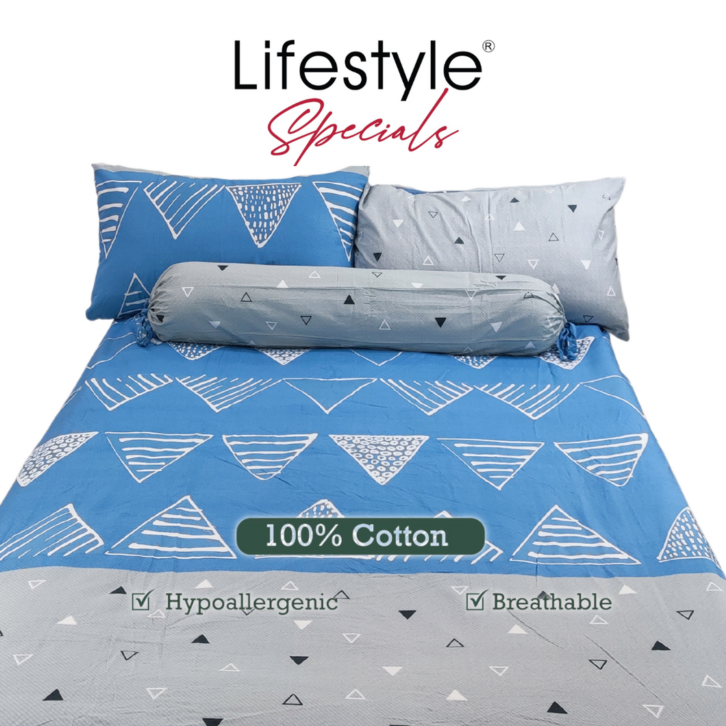 3PC Bedsheet Set  King | 100% Cotton (Design 7) Blue/Gray